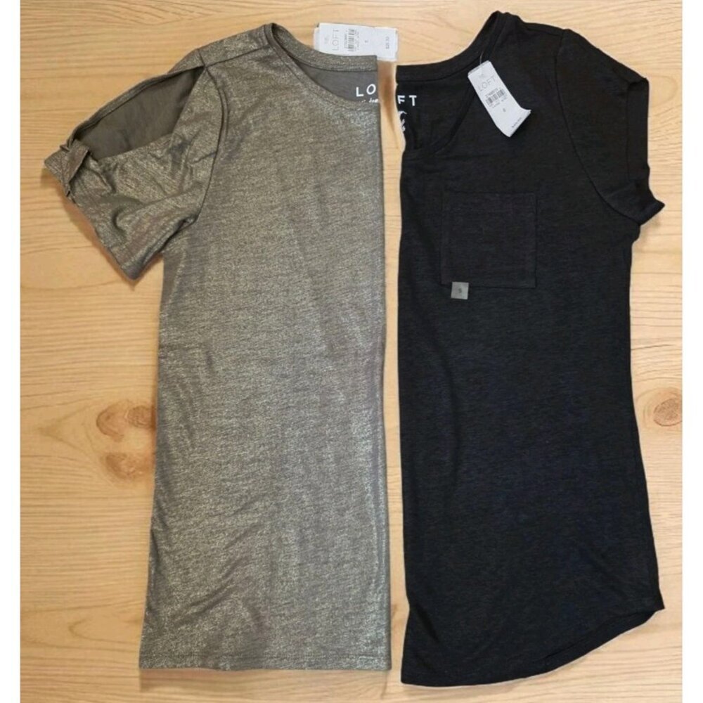 Loft Tees Sz S Black & Green Gold Cotton Short Sleeve Lot Of 2 Cold Shoulder NWT